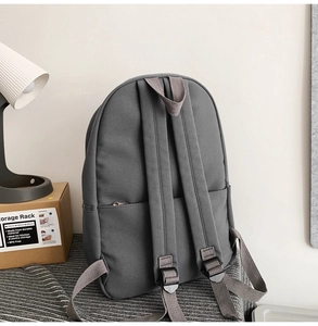 Back view of gray backpack featuring hidden zipper pocket and wide adjustable straps