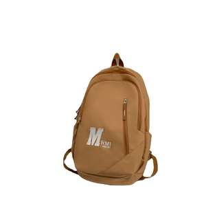 Vintage brown academic backpack with large letter M print and spacious storage design