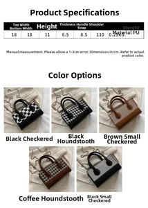 Detailed size chart and multi-color options for the checkerboard crossbody square bag
