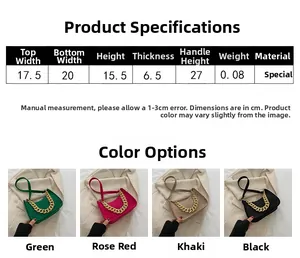 Detail showcasing four color options and V-shaped stitching on stylish chain handbags