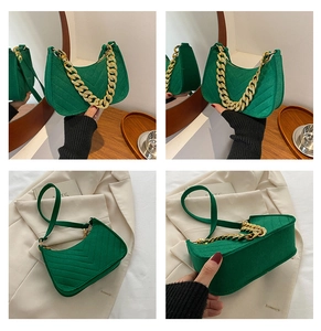 Detailed views of a green suede crescent bag with gold chain and quilted textures