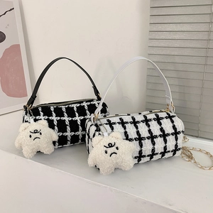 Women Vintage Checkered Barrel Bag Velvet Plaid Small Cylinder Crossbody Shoulder Bag Retro Simple Handbag Daily Purse