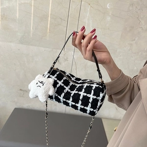 Chic black and white plaid tweed barrel crossbody bag with star plush pendant charm