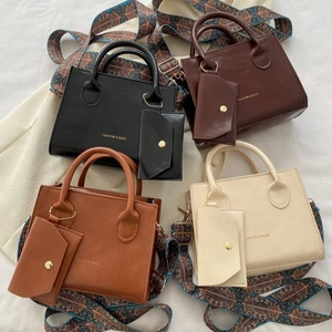 Women PU Leather Shoulder Bag Vintage Square Crossbody Bag With Ethnic Wide Strap And Mini Pouch Fashion Small Handbag