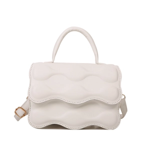 White wave-textured PU leather handbag with adjustable gold-buckle crossbody strap