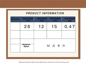 Size chart showing dimensions 26x12x15cm and nylon material for the crossbody bag