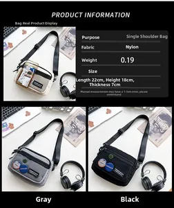Detail view showing nylon crossbody bag dimensions and three colors with mesh pocket