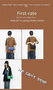 Nylon crossbody bag shown in blue, black, and green on models in a collage view