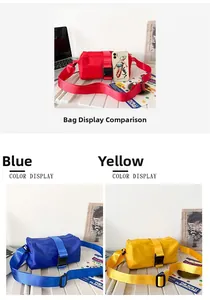 Detailed comparison of red, blue and yellow nylon crossbody bags with buckle straps