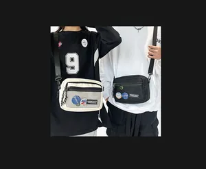 Dual view of casual canvas crossbody bags with mesh pocket and colorful badges