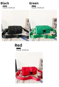 Three-color display of rectangular oxford crossbody bags in black, green and red colors