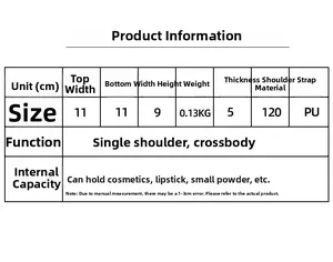 Detailed size chart for mini pearl quilted jelly bag showing PU material and 11cm width