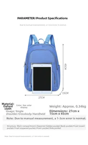 Detailed blue oxford backpack size chart showing dimensions 27x15x45cm and 0.34kg weight