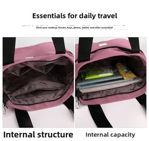 Détails de l'intérieur du sac en nylon rose avec poche zippée et grande capacité de rangement
