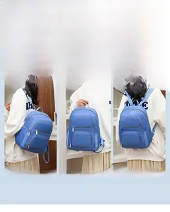 Three-way blue backpack showing single-shoulder, hand-carried, and double-shoulder modes