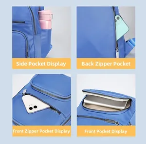 Blue nylon backpack featuring multiple compartments with anti-theft back pocket and side pouches