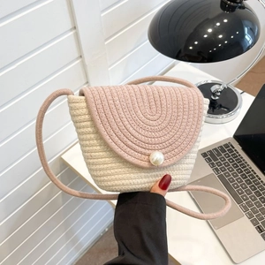 Sac en Paille en Corde de Coton Tissé à la Main pour Femmes Petit Sac Bandoulière Avec Décor de Perle Artificielle Mignon Été