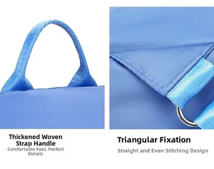 Detail of thickened webbing handle and triangular reinforced stitching on the blue backpack