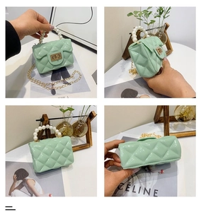 Detailed views of mint green mini quilted jelly bag with pearl handle and gold chain strap