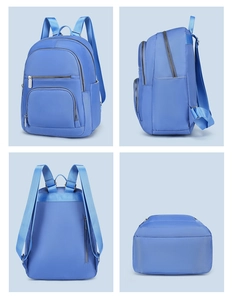 Detailed four-way view showing front, side, and back of the blue minimalist nylon backpack