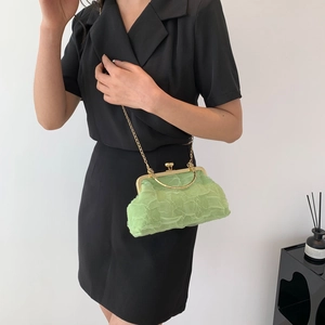 Chic light green ruched dumpling bag with gold metal handle and delicate chain strap