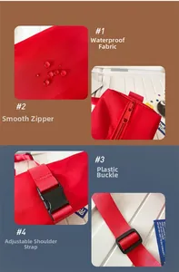 Detail showing waterproof oxford fabric, smooth zipper, and buckle of the red crossbody bag