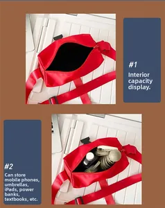 Detail showing red Oxford cloth bag storage capacity for tablet and daily items