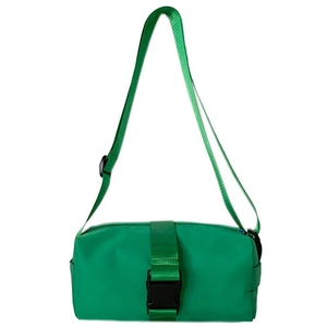 Front view of green nylon crossbody bag with black plastic buckle and adjustable strap
