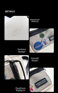 Detail view of water-resistant canvas bag featuring mesh pocket and colorful fashion badges
