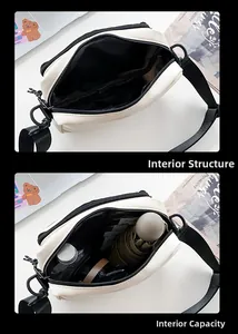 Detail view showing internal storage capacity and compartments of the canvas crossbody bag