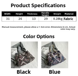 Detailed size chart for large capacity fabric tote bag with ethnic geometric pattern