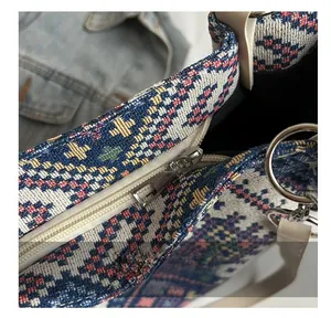 Detail of high-quality zipper and ethnic geometric woven pattern on the large tote bag