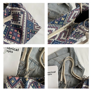 Macro details of geometric jacquard fabric and high-quality zipper on ethnic shoulder bag
