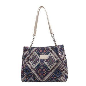 Large capacity ethnic woven tote bag with geometric patterns and leather handles