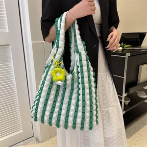 Women Vertical Stripe Woolen Popcorn Texture Tote Bag Large Capacity Casual Shoulder Bag With Flower Charm Fashion Handbag