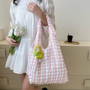 Pink and white striped bubble texture tote bag with green floral charm and large capacity