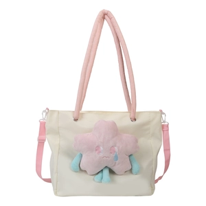Grande borsa tote crema con manici rosa e simpatico personaggio stella in peluche sul davanti