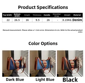 Tableau des tailles détaillé pour sac à main en jean avec dimensions et poids
