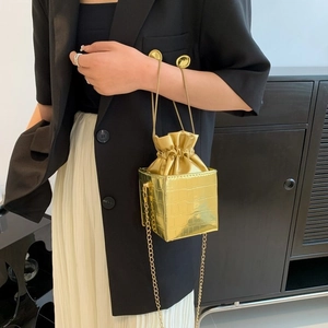 Elegante borsa a secchiello quadrata dorata con motivo coccodrillo e tracolla a catena
