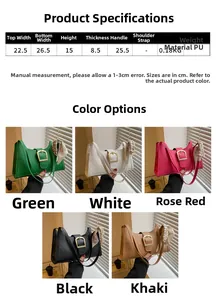 Size chart showing PU handbag dimensions with 22.5cm top width and 26.5cm bottom width