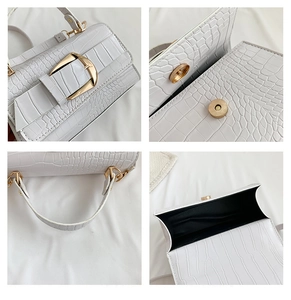 Vues détaillées du sac à main blanc motif crocodile avec boucle dorée et fermoir aimanté