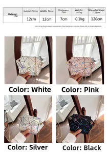 Detailed size chart for mini holographic geometric crossbody bag with gold chain strap