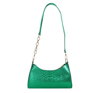Metallic green snake pattern underarm bag with gold chain strap for women fashion