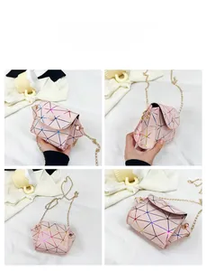 Detailed views of a pink laser geometric crossbody bag with gold chain strap