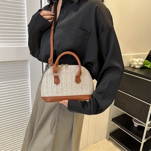 Minimalist woven shell handbag with brown leather trim and golden zipper details