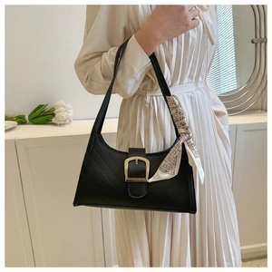 Chic black PU leather hobo bag with V-quilting and decorative silk scarf detail