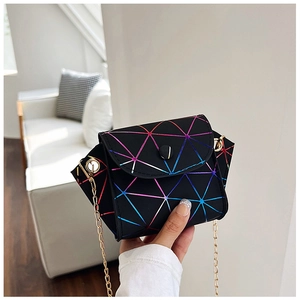 Detail shot of mini crossbody bag with rainbow geometric triangles and gold chain strap