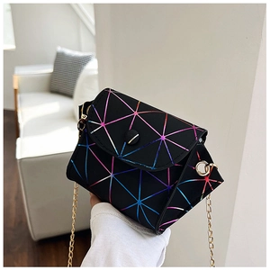 Detailed macro of a black crossbody bag with colorful gradient geometric patterns and chain