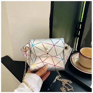 Detail view of the silver geometric folding crossbody bag with colorful rainbow lines