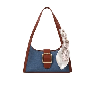 Sac sous le bras en denim rétro avec bordure en cuir marron et détail foulard en soie
